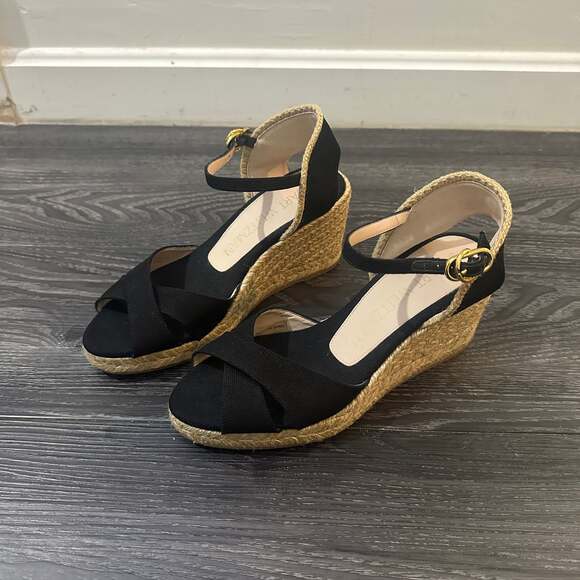 Stuart Weitzman Mirela Black Canvas Espadrille Wedge Sandals - Picture 2 of 6